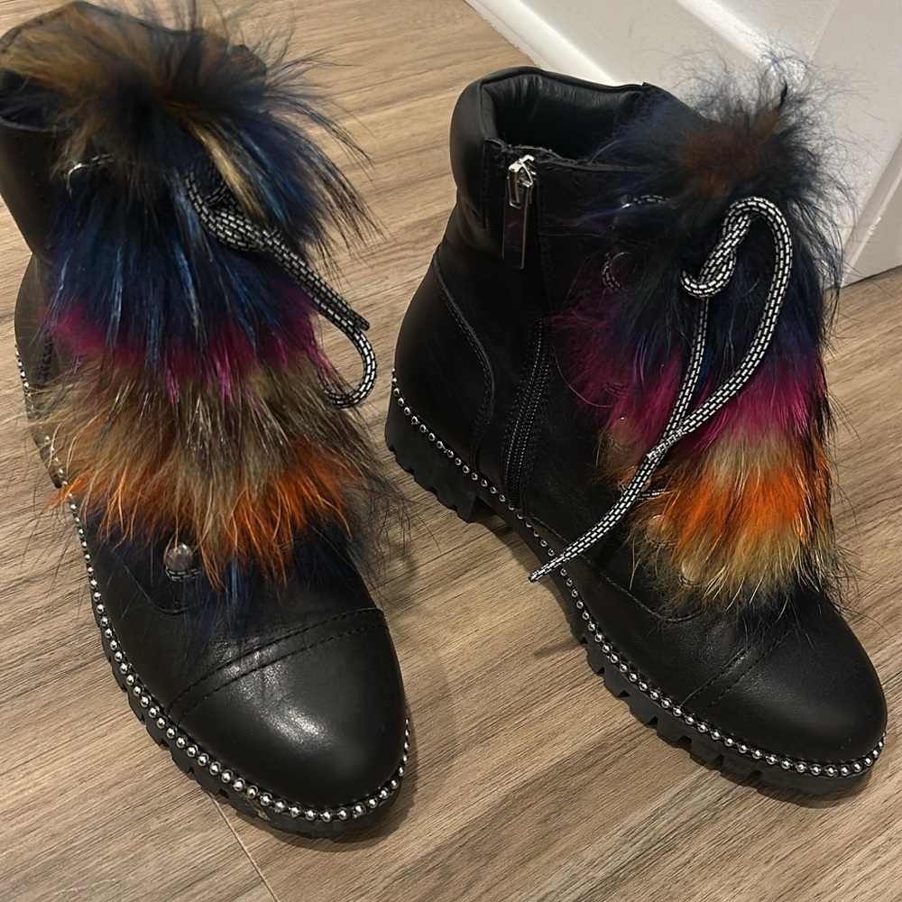 Colorful Fur-Trimmed Black Boots